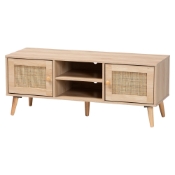 Baxton Studio Sebille Mid-Century Modern Light Brown Finished Wood 2-Door TV Stand with Natural Rattan Baxton Studio restaurant furniture, hotel furniture, commercial furniture, wholesale living room furniture, wholesale tv stand, classic tv stand