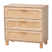 Baxton Studio Sebille Mid-Century Modern Light Brown Finished Wood 3-Drawer Storage Cabinet with Natural Rattan Baxton Studio restaurant furniture, hotel furniture, commercial furniture, wholesale living room furniture, wholesale storage, classic storage
