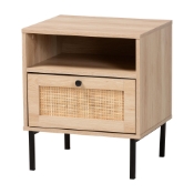 Baxton Studio Caterina Mid-Century Modern Transitional Natural Brown Finished Wood and Natural Rattan 1-Door End Table Baxton Studio restaurant furniture, hotel furniture, commercial furniture, wholesale living room furniture, wholesale end table, classic end table