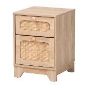 Baxton Studio Elsbeth Mid-Century Modern Light Brown Finished Wood and Natural Rattan 1-Drawer End Table Baxton Studio restaurant furniture, hotel furniture, commercial furniture, wholesale living room furniture, wholesale end table, classic end table