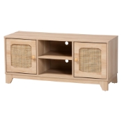 Baxton Studio Elsbeth Mid-Century Modern Light Brown Finished Wood and Natural Rattan 2-Door TV Stand Baxton Studio restaurant furniture, hotel furniture, commercial furniture, wholesale living room furniture, wholesale tv stand, classic tv stand