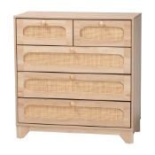 Baxton Studio Elsbeth Mid-Century Modern Oak Brown Finished Wood and Natural Rattan 5-Drawer Storage Cabinet Baxton Studio restaurant furniture, hotel furniture, commercial furniture, wholesale living room furniture, wholesale storage cabinet, classic storage cabinet
